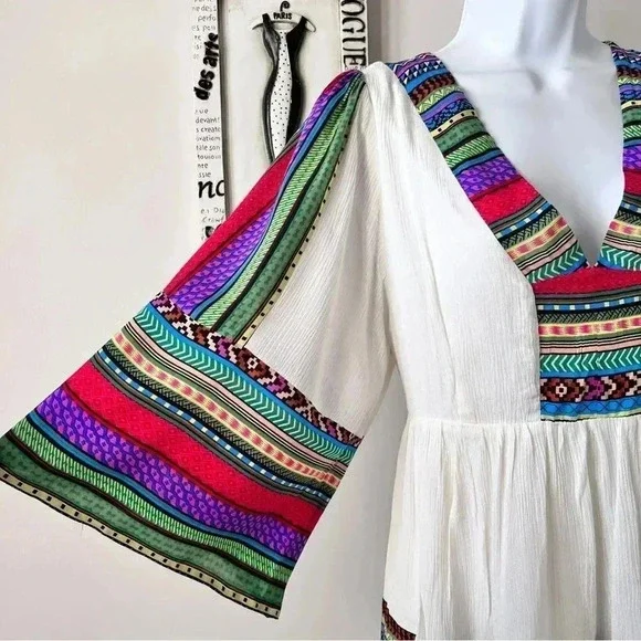 Esley Boho Festival Bell Sleeve Printed White Mini Dress Size L - Picture 7 of 13